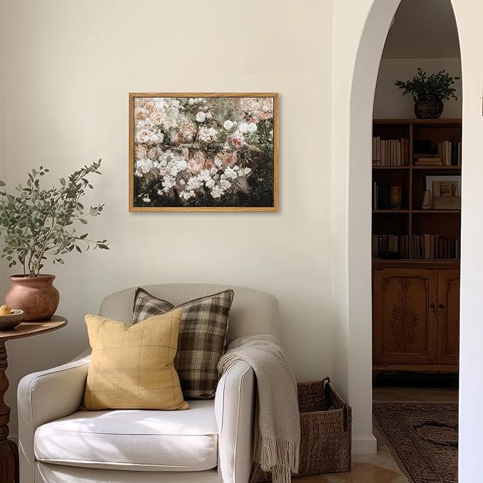 KBKBART Framed Canvas Wall Art for Living Room Bedroom Decor,Vintage Moody Floral Art Print Flower Rose Garden Canvas Painting, Rustic Bathroom Decor, Classical Vintage Wall Art(12"x16")