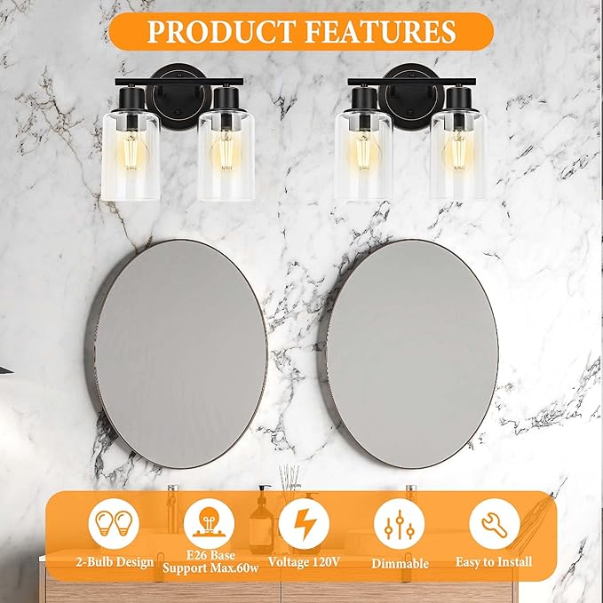 Oil Rubbed Bronze 2-Light Modern Vanity Light for Bathroom - 2-Light Oil Rubbed Bronze Bathroom Vanity Light Fixture, 2-Bulb Wall Sconce Over Sink