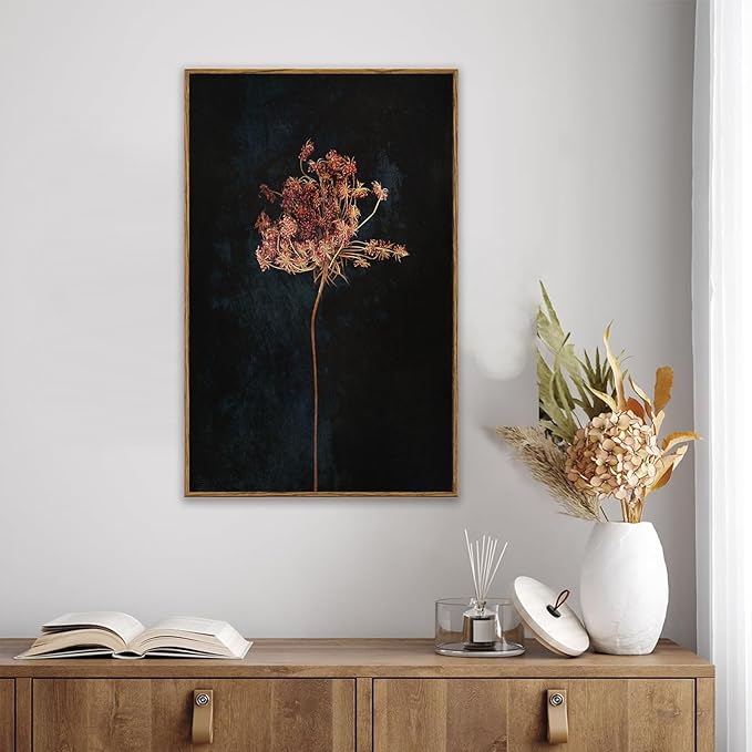 KBKBART Framed Vintage Wall Art Prints, Retro Moody Floral Botanical Canvas Painting Farmhouse Decor, Black Dark Classical Flower Framed Canvas Wall Art for Bathroom, Bedroom, Living Room, Gallery, Vintage Wall Decor(16"x24")