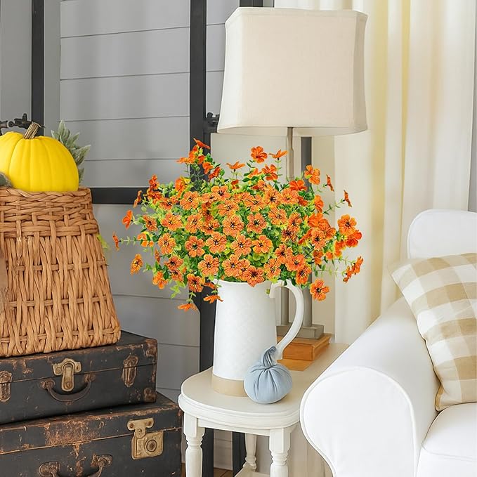 Agusbagli 10 Bundles Artificial Fall Flowers Outdoor UV Resistant Autumn Fake Flowers No Fade Faux Plastic Greenery Shrub Plants for Wedding Garden Window Box Fireplace Thanksgiving Home Decor, Orange