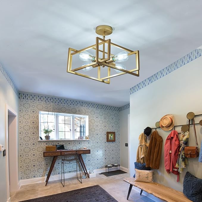 ZGLAOJT 4-Lights Ceiling Light Gold Light Fixture Industrial Flush Mount Ceiling Light Farmhouse Chandelier Lighting for Kitchen Island Dining Room Bedroom Foyer Hallway