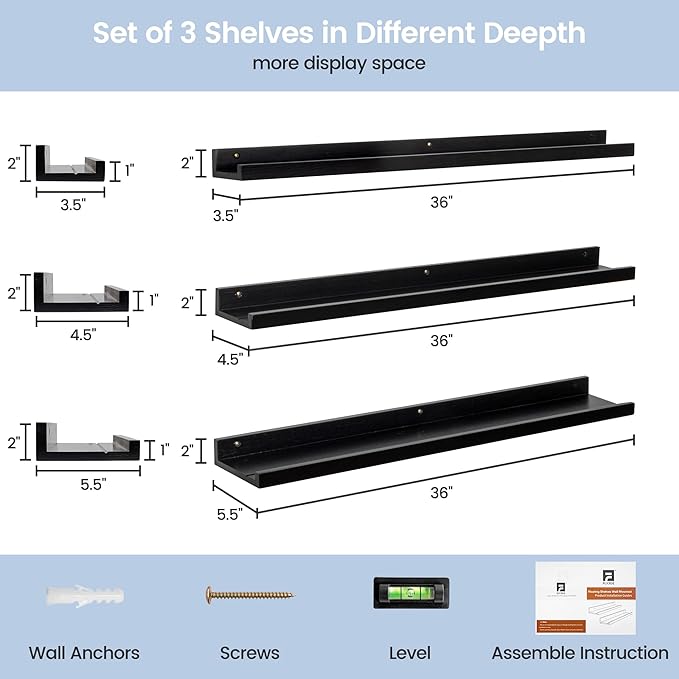 Picture Ledge Wall Shelves - 36 Inch Width Set of 3, Solid Pine Wood Rustic Floating Ledge Shelves for Kids' Room, Bedroom, Kitchen, Bathroom, Living Room, Nursery Display Wall Decor, Black