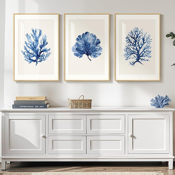 Framed Coastal Coral Wall Art for Living Room, Large Navy Blue Watercolor Coral Artwork for Walls, 3 Piece Minimalist Ocean Beach Marine Plants Pictures Prints for Bedroom Hallway Wall Decor, 16x24 In