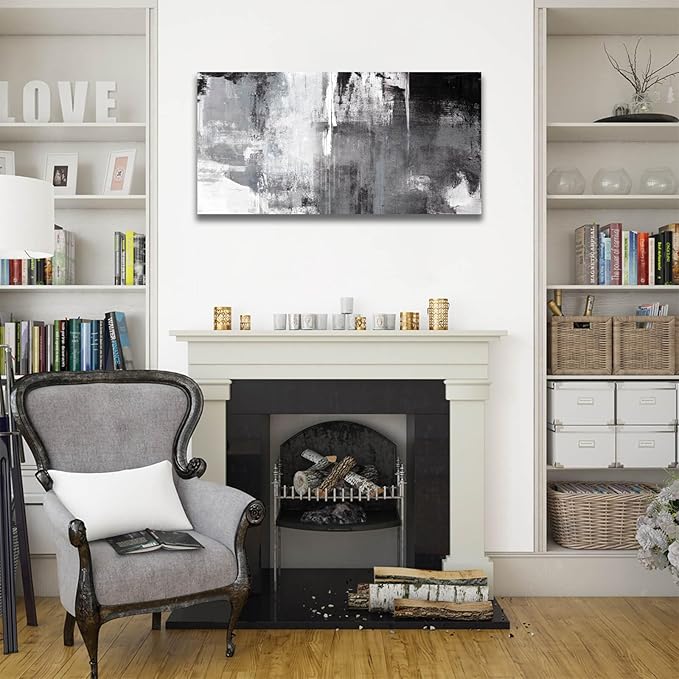 Kureful Black Abstract Wall Art Decor Grunge Room Decor Art Grey Canvas Wall Decoration 20" x 40" Painting Black And White Artwork for Bedroom Home Office Dining Room Decoration
