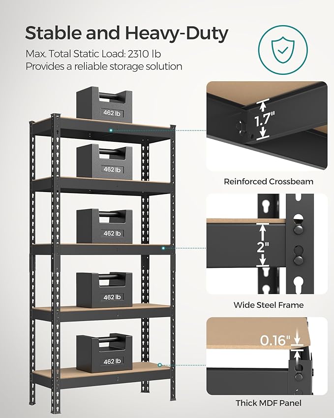 SONGMICS 5-Tier Storage Shelves, Load 2310 lb, Garage Storage, Boltless Assembly, Adjustable Shelving Unit, 11.8 x 29.5 x 59.1 Inches, for Study Shed Basement, Black and Natural Beige UGLR300B01