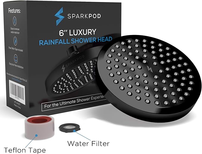 SparkPod Shower Head - High Pressure Rain - Premium Quality Luxury Design - 1-Min Install - Easy Clean Adjustable Replacement for Your Bathroom Shower Heads (Midnight Black Matte, 6 Inch Round)