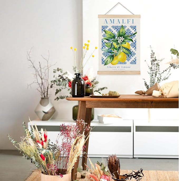 Yomisex Italian Amalfi Coast Lemon Wall Art Poster, Blue and White Floral Mediterranean Tiles Lemons Tree Canvas Prints Wall Art Framed for Home Kitchen Dining Room Decor, 12x16 Inch