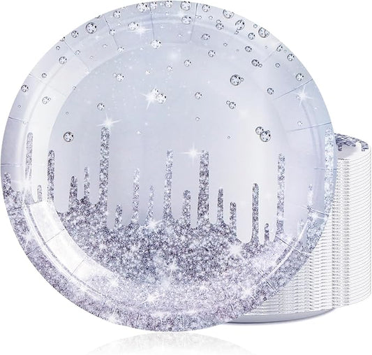 50PCS Silver Glitter Paper Plates - 7inch Silver Diamond Birthday Dessert Plate for Cake Salad Pizza Disposable plates Supplies for Girls Women Mermaid Anniversary Birthday Wedding Theme Party