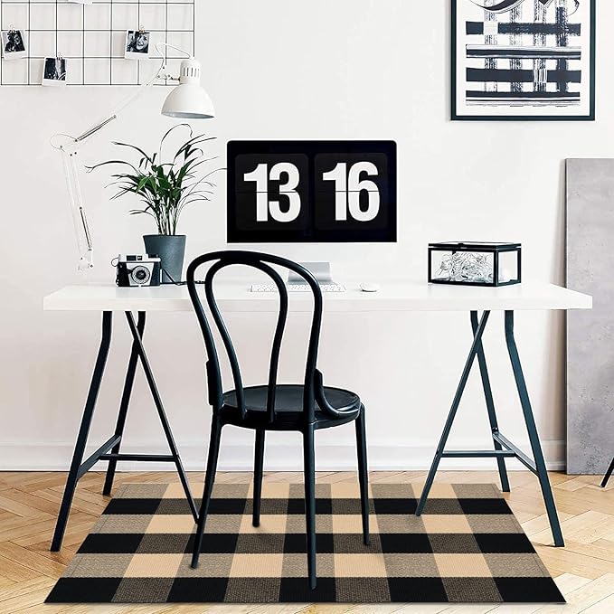 KOZYFLY Buffalo Plaid Area Rugs 2x3 Ft Brown and Black Checkered Rugs Washable Front Door Mat Hand Woven Cotton Outdoor Small Rug for Front Porch Kitchen Entryway Patio Bathroom