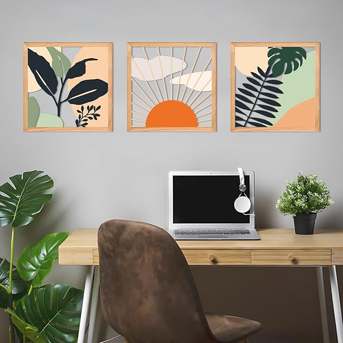 ESTART 3 Pcs Boho Wooden Wall Art Decor Bohemian Wall Hanging Sculpture Farmhouse Geometric Aesthetic Artwork, Mid Century Modern Design for Bedroom Living Room Office, 39 x 11.8 inch