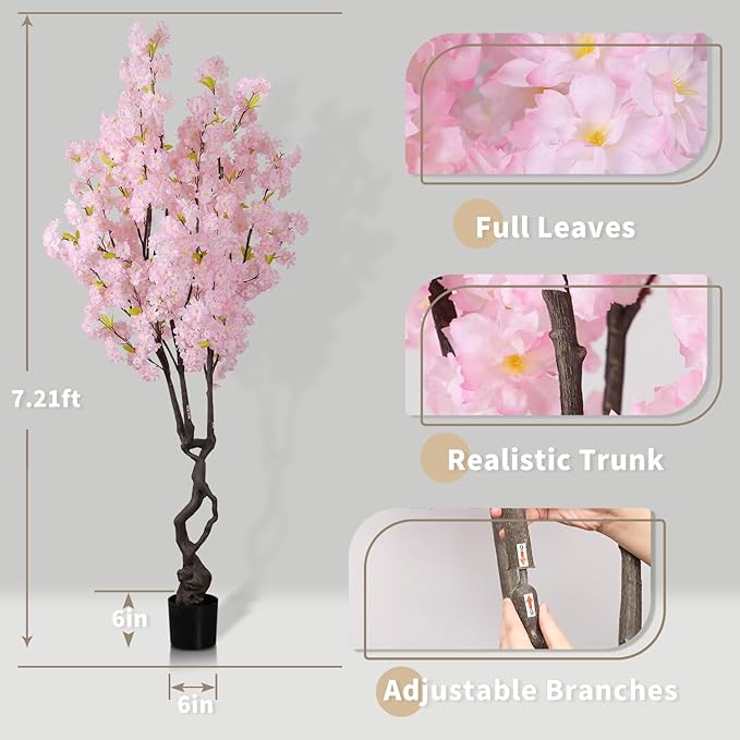 Artificial Pink Cherry Blossom Tree 7ft(84in) Faux Japanese Sakura Indoor Decoration Natural Fake Cherry Floral Tree for Home Realistic Silk Pink Flowers in Pot for Living Room,Office,Outdoor Decor