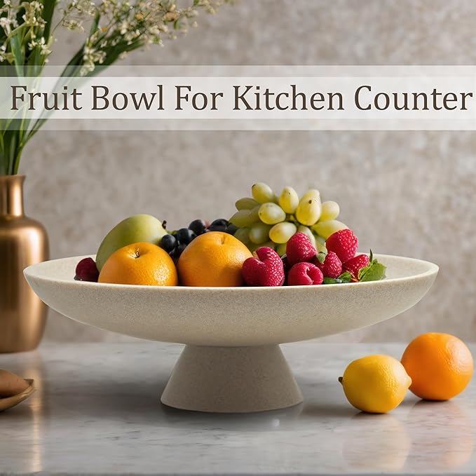 Large Decorative Bowl, Modern Resin Pedestal Bowl for Home Decor, Stylish Fruit Bowl for Kitchen Counter, Chic Key Holder for Entry Table, Beige
