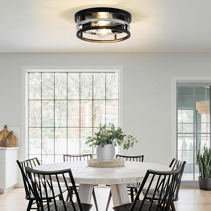 2 Light Industrial Ceiling Light Black Chrome Semi Flush Mount Lights Close to Ceiling Light Fixtures,cage design Farmhouse Ceiling Lighting for Kitchen Bedroom Bathroom Foyer Hallway (E26, 1Pack)