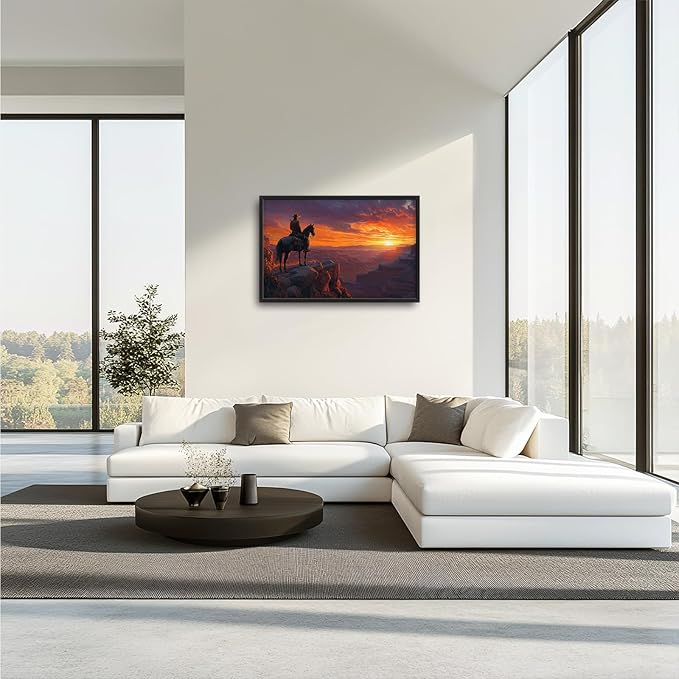 Framed Large Wall Art for Living Room, Western Cowboy Canvas Wall Decor, Large Natural Landscape Picture Framed Painting, Modern Artwork for Bedroom Office 36L'' × 24W''