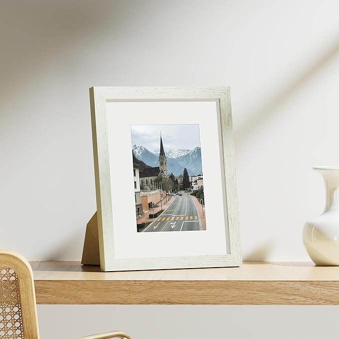 Vittanly 8x10 Picture Frames Set of 9, Shatter Resistant Plexiglass, Display 5x7 Pictures with Mat or 8x10 without Mat, Photo Frames for Wall or Tabletop, Engineered Wood, Whitemist