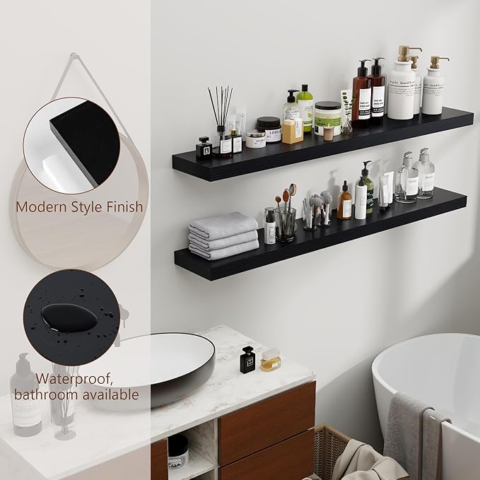 Black Floating Shelves 48 Inch, Solid Wood Wall Mounted Shelves Set of 2, Extra Long Modern Floating Shelves for Wall Decor & Storage, Shelves for Bathroom Bedroom Kitchen Living Room - Black