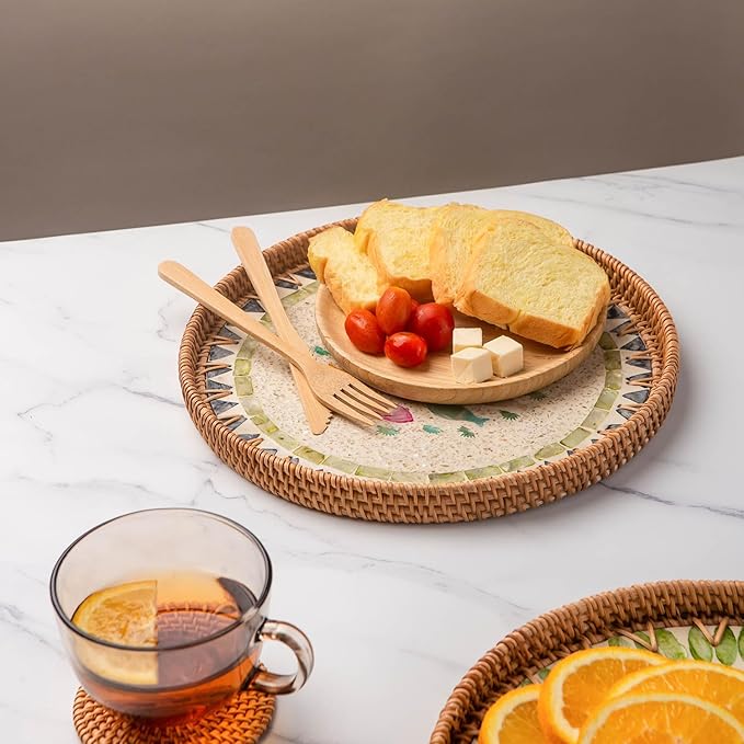 11.81" Decorative Round Mother Pearl Inlay Tray Rattan Wooden Base for Fruit Serving, Coffee Table Tray, Storage and Display Organizer (Fish 13.8)
