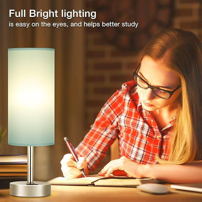 Teal Touch Bedside Lamps for Bedroom - Small Coastal Nightstand Lamp with USB-C and USB A Charging Ports, 3 Way Dimmable Control Table Lamp for Office, Dorm with Fabric Shade Silver Base
