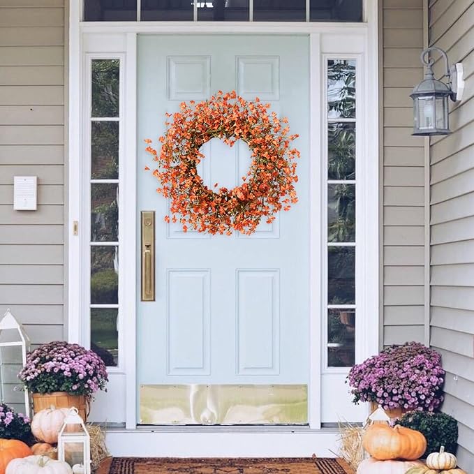 Fall Orange Forsythia Wreath for Front Door, 22 Inch Autumn Floral Door Wreath Indoor and Outdoor,Seasonal Festival Flower Wreath for Home Decor
