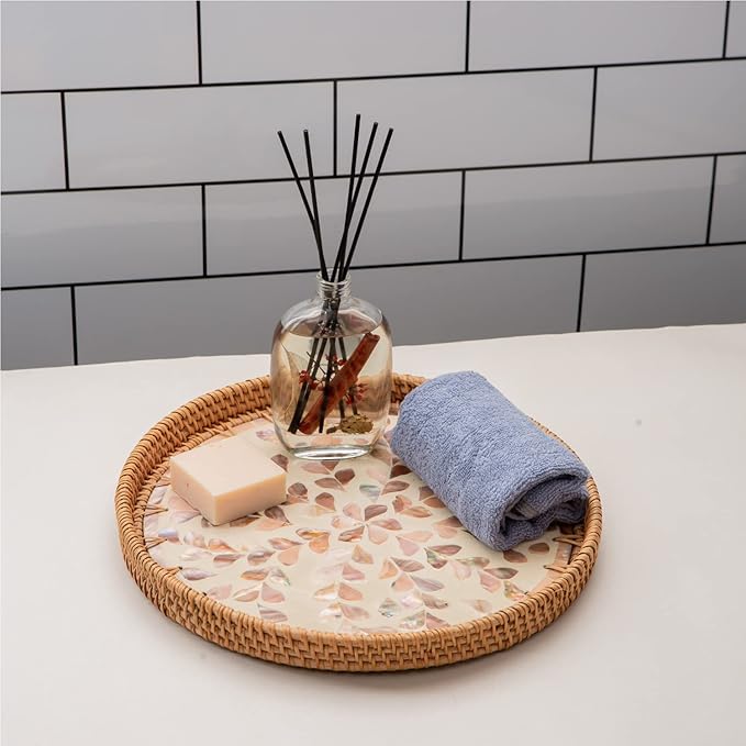 11.8' Wicker Round Rattan Mother of Pearl Serving Basket Tray for Décor Coffee Table | Large Boho Circle Woven Decorative Trays for Outdoor, Home, Kitchen Display (Leaf)