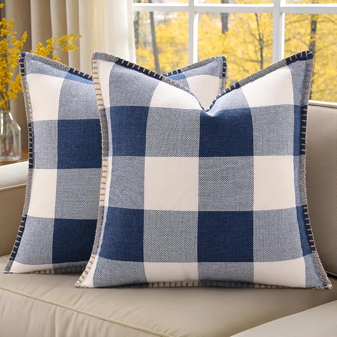 decorUhome Buffalo Plaid Check Throw Pillow Covers 18x18 Set of 2, Outdoor Linen Decorative Farmhouse Gingham Pillow Covers with Stitched Edge for Bed Couch Sofa, Navy Blue and White