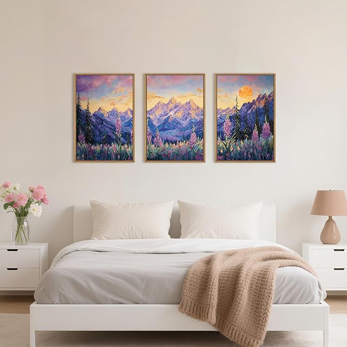 HOURIA Purple Sunset Mountain Landscape Framed Canvas Wall Art Set,Nature Pine Tree Wildflowers Wall Decor,Golden Sunlight Wall Painting,Modern Field Art Prints for Living Room, Bedroom-24 x36 x3