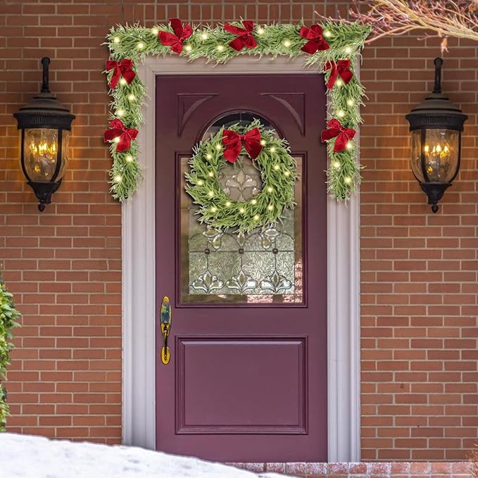 6ft Christmas Garland with Lights,Lighted Norfolk Pine Garland for Mantle,Prelit Real Touch Artificial Green Christmas Winter Garland with Large Burgundy Velvet Bow for Indoor Outdoor Decor
