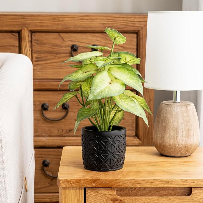 MyGift Artificial Arrowhead Plant Potted in Black Concrete Pot with Geometric Embossed Pattern, Faux Syngonium Podophyllum 'White Butterfly' Green Leaf Indoor Home Table Decor