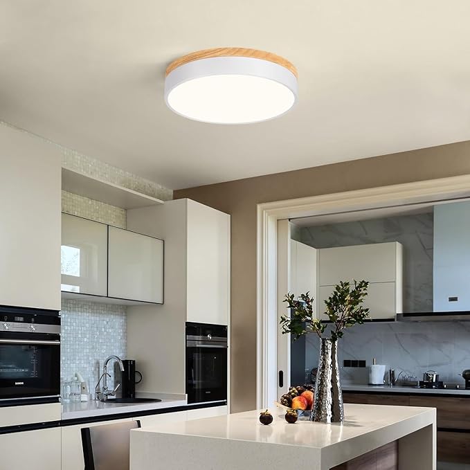 Dimmable Modern Wood Ceiling Light, White LED 5CCT 2700K-6000K Flush Mount Ceiling Lighting Fixture, Round Light Fixtures for Kitchen Entryway Hallway Bedroom Laundry Room-11.8in