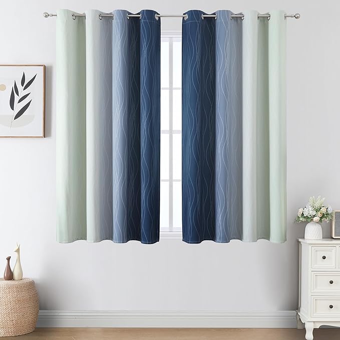 Estelar Textiler Navy Blue and Sage Green Blackout Curtains 54 Inch Length, Full Light Blocking Gradient Grommet Drapes for Kitchen, Thermal Insulated Ombre Curtains for Bedroom, 52Wx54L, 2 Panels