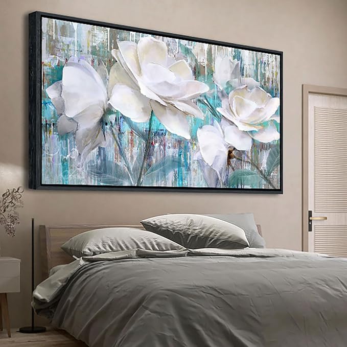 Large Flower Pictures Wall Art White Floral Modern Painting Wall Decor for Living Room Framed Artwork for Walls Bedroom Wall Decor Above Bed 24×48IN