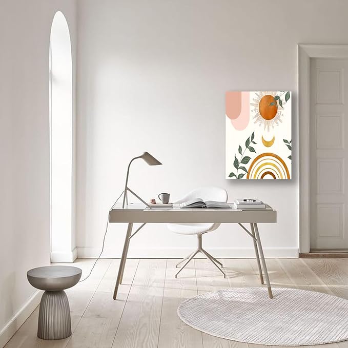 Boho Wall Art, Minimalist Framed Wall Art Geometric Line Leaf Sun Moon Rainbow Canvas Artwork Paintings, Abstract Botanical Boho Room Decor, Office, 12"x16"