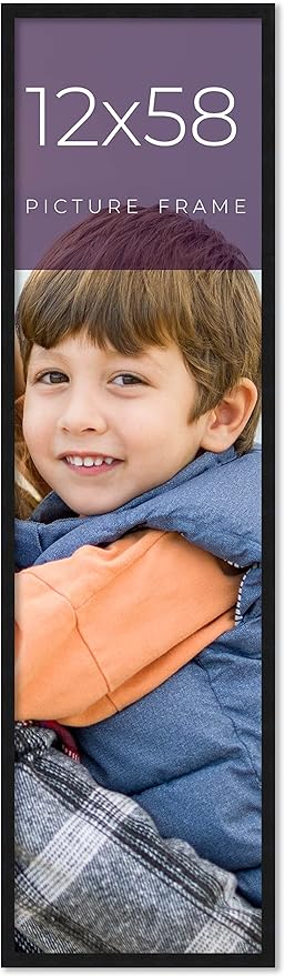 12x58 Frame Black Real Wood Picture Frame Width 0.75 Inches | Interior Frame Depth 0.5 Inches | Noir Classique Mid Century Photo Frame Complete with UV Acrylic, Foam Board Backing & Hanging Hardware