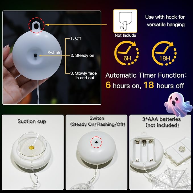 suddus 3 Pack Halloween Window Lights with Suction Cup- Battery Operated Lights Indoor with Timer - Orange Pumpkin, Purple Spider & White Ghost Decorations for Party, Room, Window, Door, Wall, Indoor