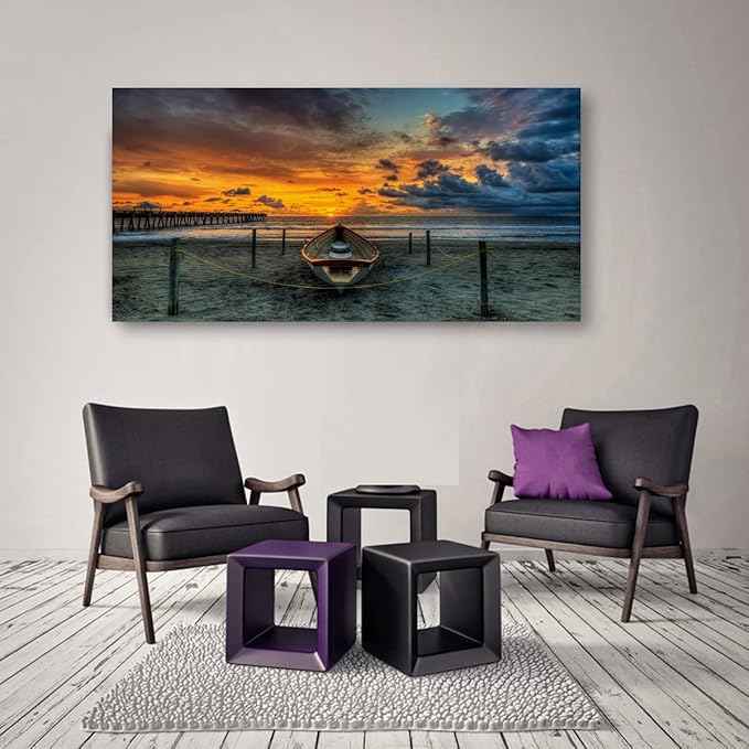 Beach Themed Wall Art Canvas Prints Seascape Poster Bathroom Décor Boat Ocean Sunset Landscape Paintings for Bedroom Dining Room Home Kitchen Decorations Natural Artwork 24x48 Picture Wooden Frames
