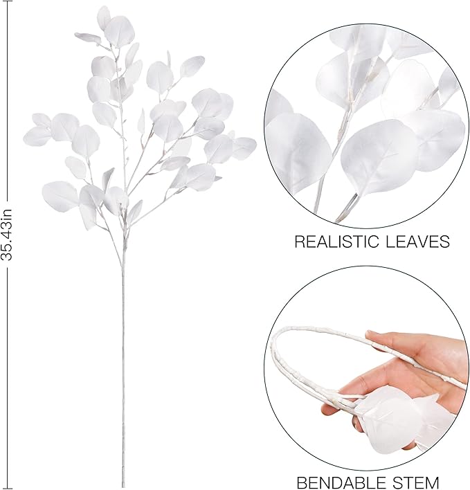 Sggvecsy 6 Pcs Eucalyptus Leaves Artificial Eucalyptus Stems Long Silver Dollar Leaves Faux Leaf Branches Fake Silk Eucalyptus for Spring Summer Home Festival Thanksgiving Christmas Decor (White)