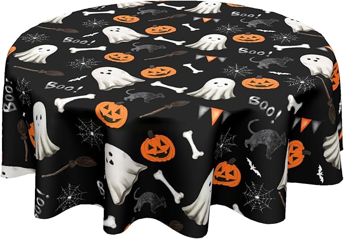 Kawani Halloween Tablecloth Round 60 Inch Scary Pumpkin Ghost Round Table Cover Halloween Table Cloth Fall Circular Washable Polyester Tabletop Decor for Home Kitchen Dining Room Banquet Picnic Party