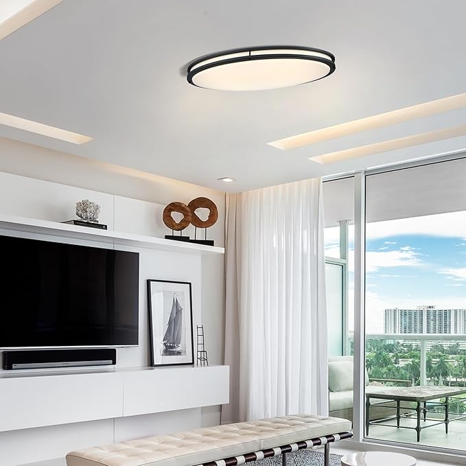 33 Inch Oval Black Ceiling Light Fixture for Living Room - 33” Black LED Flush Mount Ceiling Lamp 3000K/4000K/5000K LED Kitchen Bathroom Light 40W 2500LM