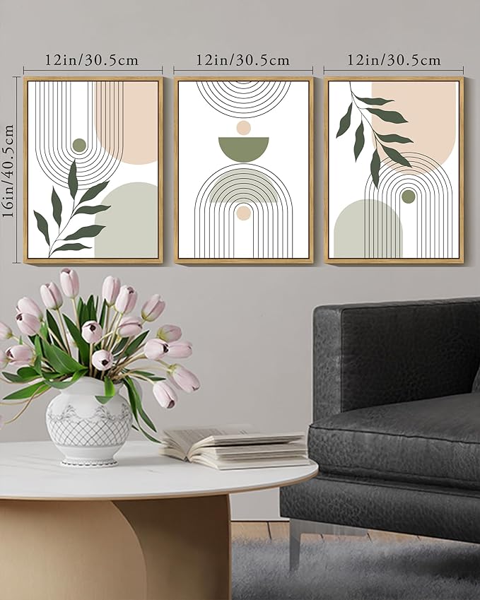 KUVIOKE Boho Green Sage Neutral Wall Art Framed Bohemain Botanical Geometric Modern Wall Decor Ready to Hang 12x16in (Natural Framed)