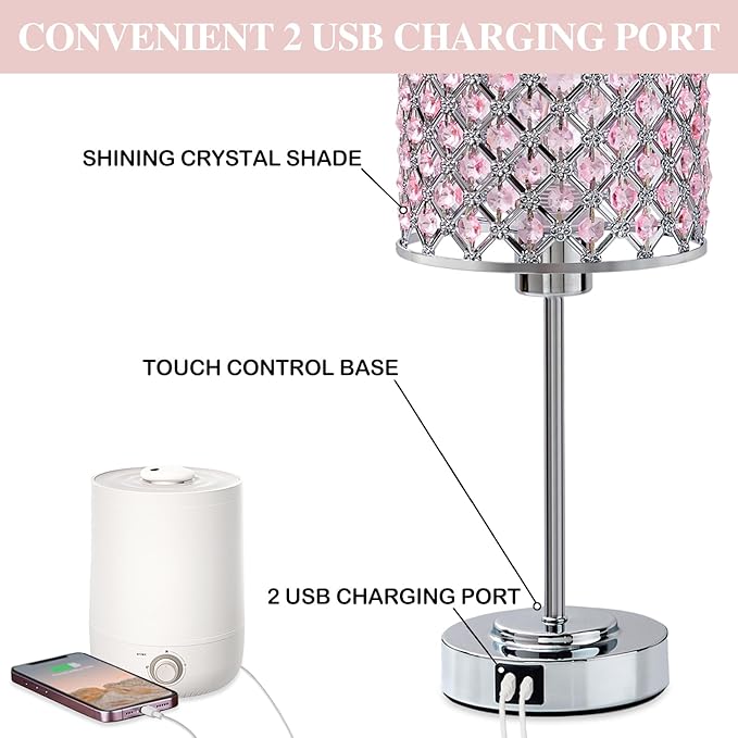 Pink Crystal Table Lamp Set of 2, Bedside Table Lamps 3-Way Dimmable Touch Nightstand Lamp with USB-C+A Charging Ports Night Lights Decorative Accent Lamp for Bedroom, Living Room, Office, Girls Room