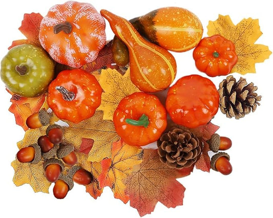 winemana Fall Decorations for Home-6pcs Mini Pumpkins & 2pcs Gourds, 30pcs Leaves & 10pcs Acorns, 2pcs Pinecones Centerpiece Set -Thanksgiving Harvest Decor for Table Mantel (Largest: 4.5" x 2.1")