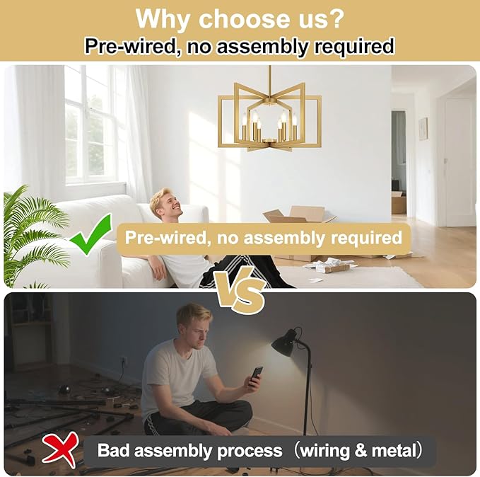 25" Modern Gold Chandelier for Dining Room (6-Light, 25-Inch), Geometric Gold Dining Room Light Fixture Over Table, Industrial Metal Hanging Pendant Lights for Kitchen Island, Entryway, Foyer