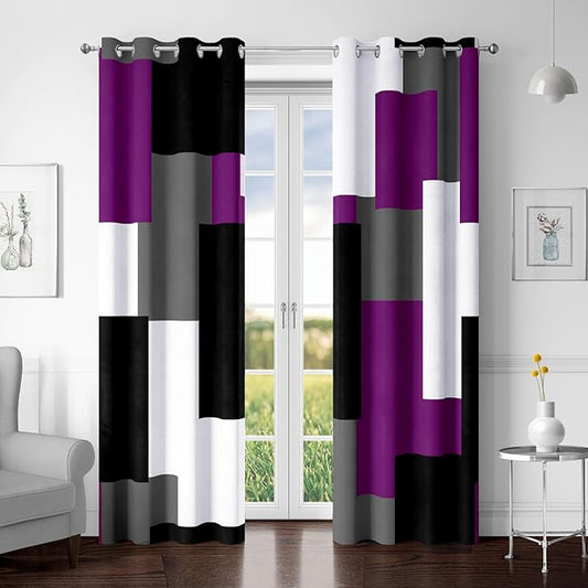 Purple 100% Blackout Curtains for Bedroom 72 inch Length 2 Panels Set Grey Modern Abstract Geometric Black Out Curtains Insulated Room Darkening Window Drapes for Living Room, 52Wx72L