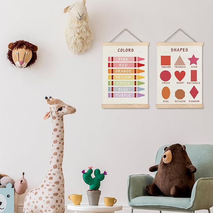 Supwhd Shapes Colors Posters for Classroom Wall, Shapes Colors Learning Poster Hanger Frame Wall Decor for Classroom Nursery Kids Room Playroom Preschool Decor, 12x16 Set of 2（Red）