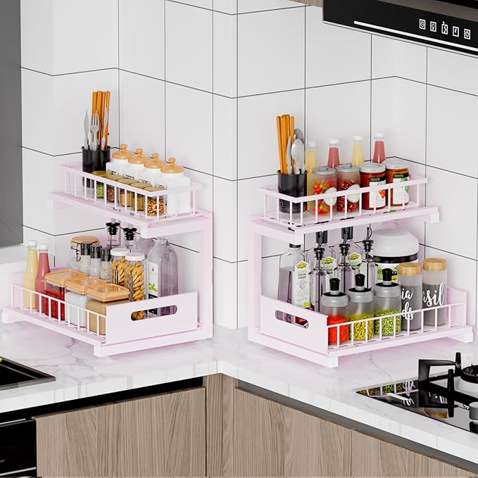 Under Sink Organizer Storage: Adjustable Height, 2 Tier L-Shaped Pull-Out Metal Shelf with Non-Slip Pads & Rust-Resistant Design Maximize Kitchen & Bathroom Cabinet Space