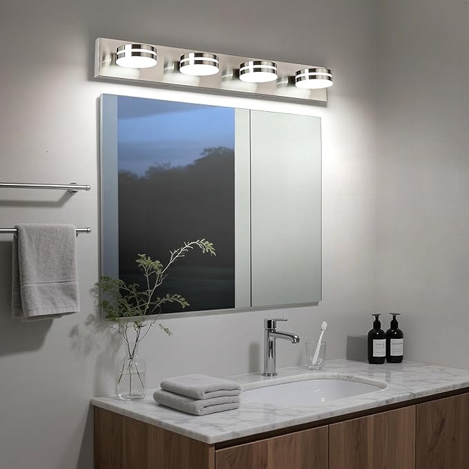 Brushed Nickel Vanity Lights for Bathroom, 4-Light Bathroom Light Fixtures Over Mirror, LED Dimmable Bath Lighting Fixture, Modern Wall Mounted Lighting Fixture