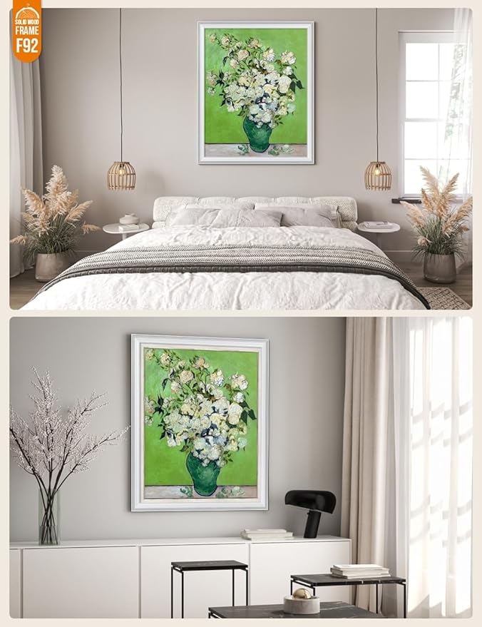 DECORARTS - Pink Roses in a Vase, Vincent Van Gogh Art Reproduction. Acid Free Cotton Canvas Giclee Print w/Bronze Frame&Mat for Wall Decor.