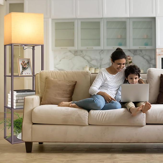 Dott Arts Floor Lamp with Shelves, Wide Floor Lamps for Living Room Display Shelf Lamps with 3 Color LED Bulb,Storage Wood Modern Floor Lamp for Bedroom Standing Lamp for Living Room Office（Walnut）