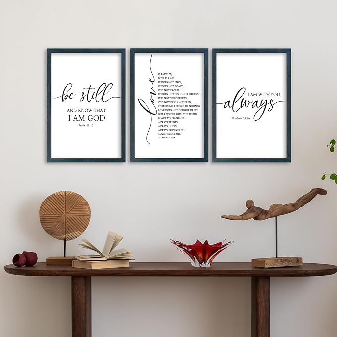 SRSZHIYUE Bible Verses Wall Decor Be Still Love Is Patient I Am With You Always 16"×11" Set of 3 Wooden Framed Scripture Living Room Wall Hanging Art (Black)