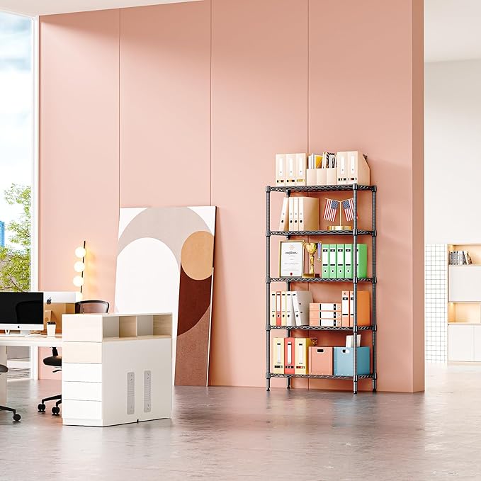 IZEUK 5 Tier Black Metal Storage Shelves, Heavy Duty Adjustable Wire Shelving Rack for Garage, Kitchen, Bathroom, Closet Organizer, 1250 lbs Capacity, 15.7" D x 33.5" W x 68.5" H